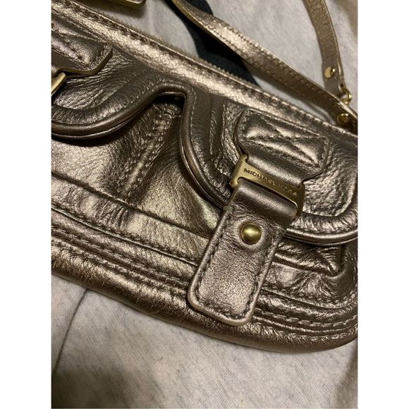 Michael Kors Gold Metallic Double Pocket Mini Purse Handbag Wristlet Wallet - Picture 2 of 8